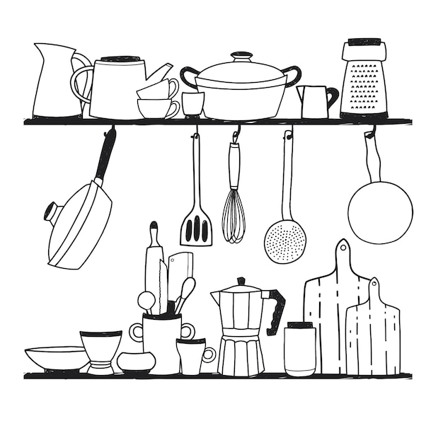 調理用のさまざまな調理器具 調理用具 または棚の上に立ってフックに掛かっている調理器具 モノクロの色で描かれたベクトルイラスト手 プレミアムベクター