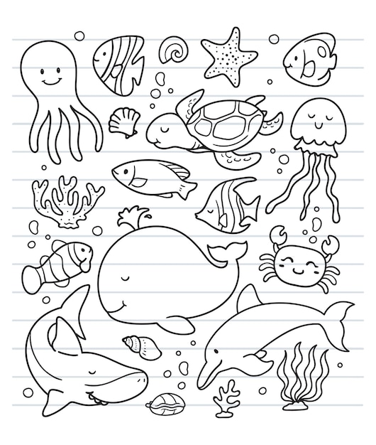 Premium Vector | Various sea animals doodle