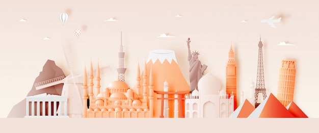Various travel attractions in paper art style Premium Vector