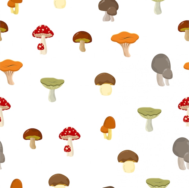 Premium Vector | Various types of mushrooms seamless pattern