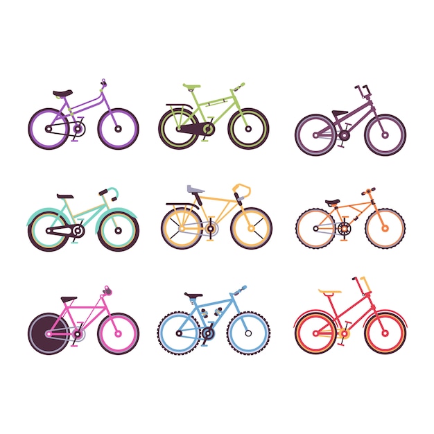 さまざまな種類の自転車セット 男性 女性 子供向けのカラフルな自転車のイラスト プレミアムベクター