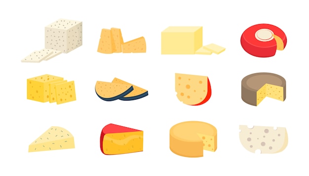 各種チーズ チーズホイールと白い背景の上のスライスのセット モダンなスタイルの現実的なアイコン 新鮮なパルメザンチーズまたはチェダーチーズ イラスト プレミアムベクター