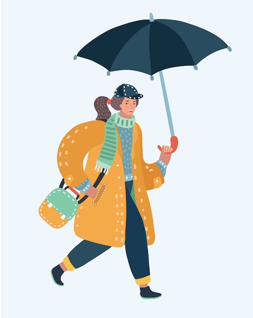 傘雲と水たまりと雨の中を歩くかわいい女の子のvecetorイラスト プレミアムベクター