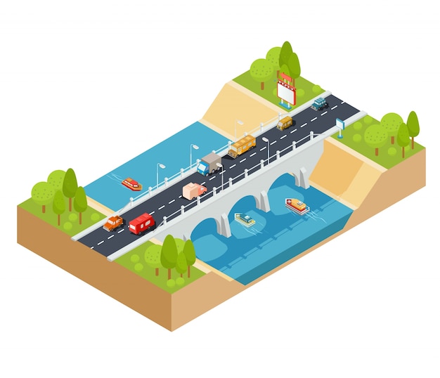 Vector 3d isometric cross section of a landscape with a flowing river and automobile bridge through it. Free Vector