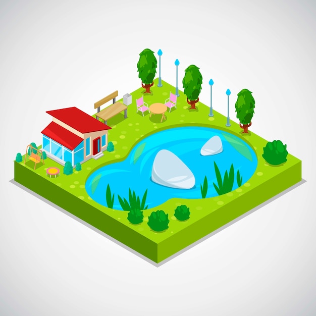 Vector 3d isometric illustration of country cottage with green grass Premium Vector