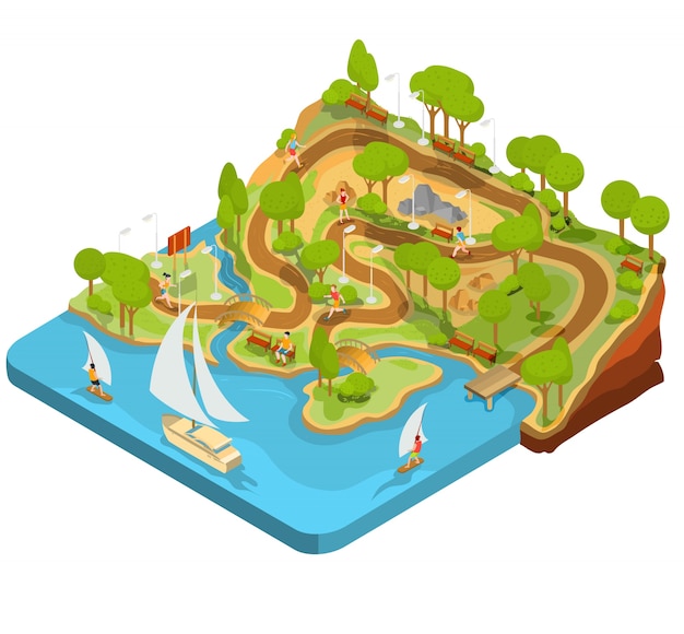 Vector 3D isometric illustration of cross
section of a landscape park with a river, bridges, benches and
lanterns.