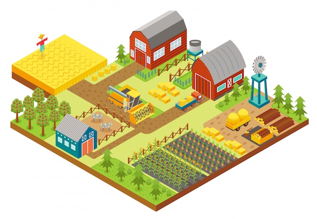 Premium Vector | Vector 3d isometric rural farm with mill, garden field ...