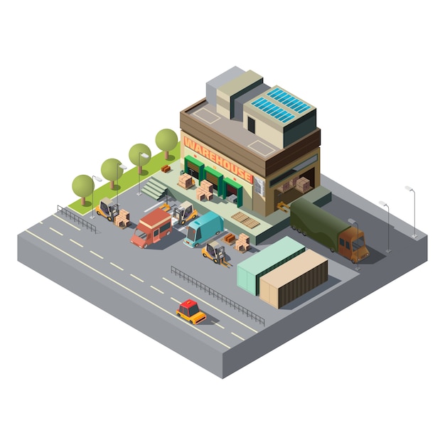 Download Vector 3d isometric warehouse, trucks for shipping Vector | Free Download