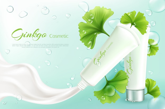 Vector 3d realistic cosmetic illustration with ginkgo biloba, green leaves. Free Vector