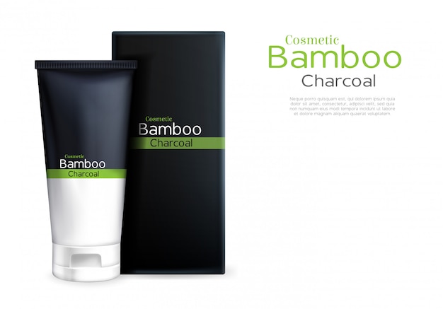 Vector 3d realistic cream in tube package, luxury cosmetics with bamboo and charcoal. Free Vector