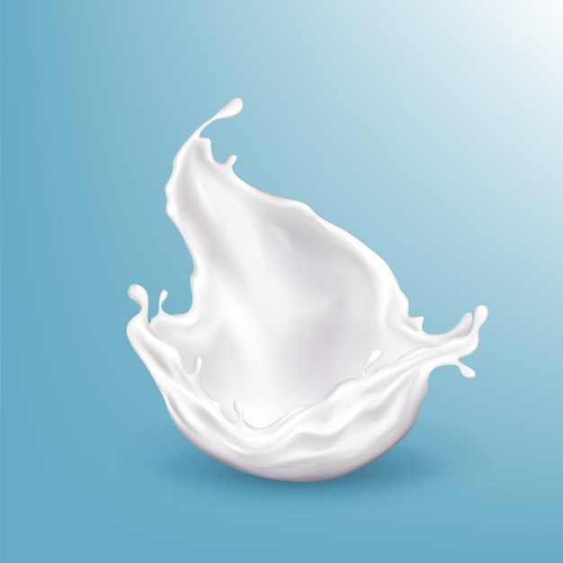Vector 3d realistic milk splashing, bright beverage isolated on blue background. Free Vector