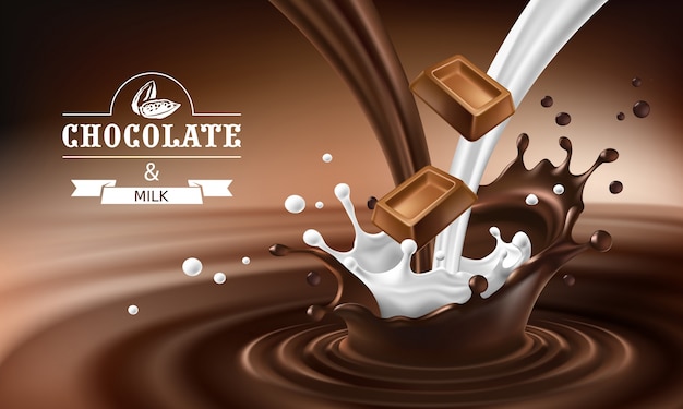 チョコレートバーの落ちる部分で溶けたチョコレートとミルクのベクトル3dスプラッシュ 無料のベクター