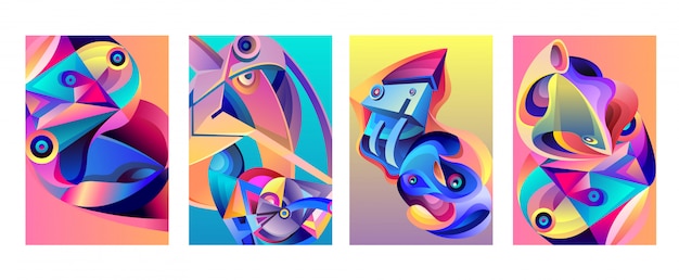 Vector abstract colorful geometric curvy pattern background set Premium Vector