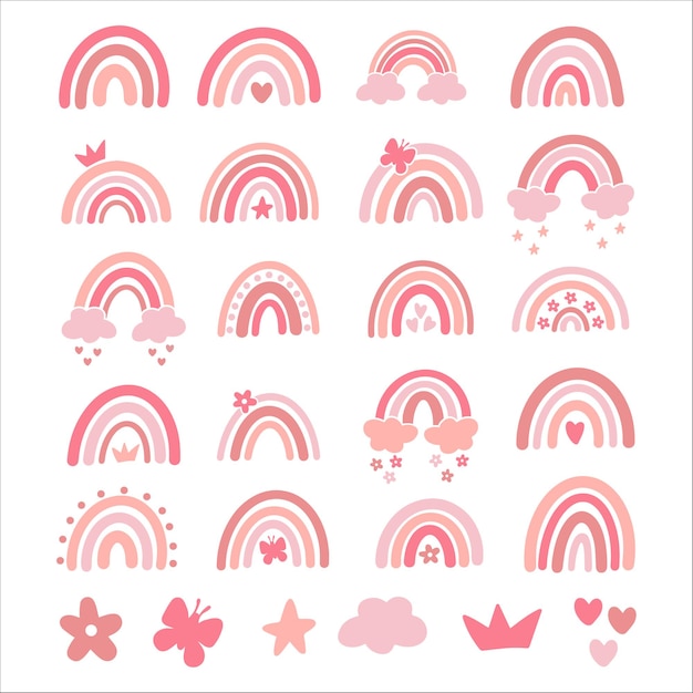 ベクトル赤ちゃん虹イラストセット ピンクの手描きの保育園モダンな虹 ベビーシャワーのキュートなデザイン 子供服のプリント スカンジナビアのミニマリストスタイル プレミアムベクター