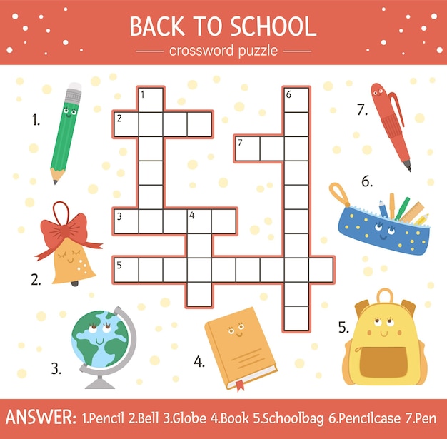 子供のための学校のクロスワードパズルに戻るベクトル 子供のための学校のオブジェクトを使った簡単なクイズ かわいい面白いカワイイキャラクターとの教育的な秋の活動 プレミアムベクター