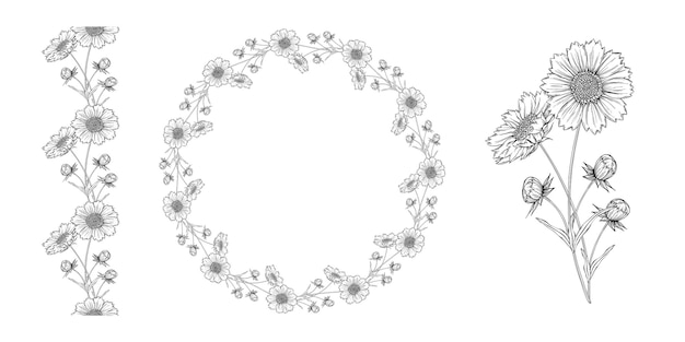 Download Vector black and white contour flower arrangement with ...