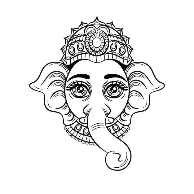 プレミアムベクター ベクトル黒白イラスト 象の頭を持つインドの神 インドの神ガネーシュ