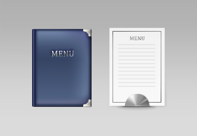 ベクトル青いカフェメニューブックホルダーと灰色の背景で隔離の白いカードの上面図 無料のベクター