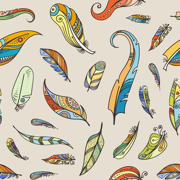 Download Vector boho doodle feathers seamless pattern illustration ...