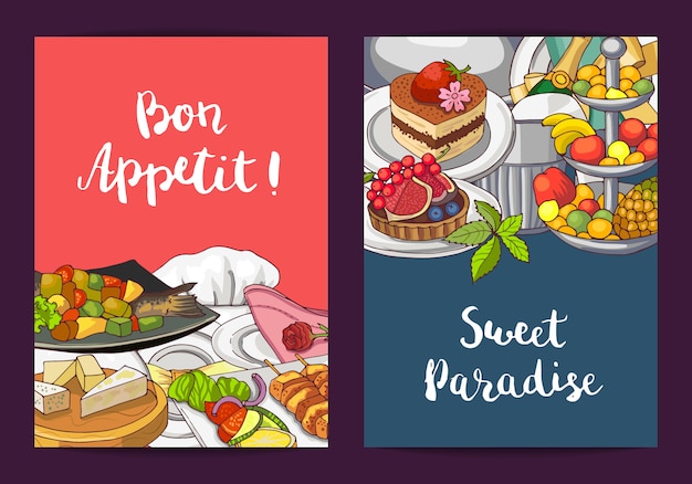Vector card or flyer templates with hand drawn restaurant or room service elements and place for text illustration Premium Vector