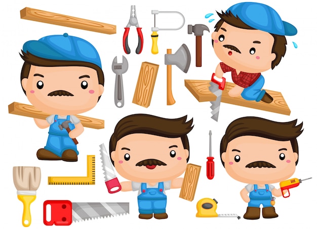 A vector of a carpenter with many poses and tools Premium Vector