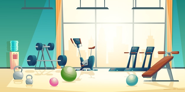 Vector cartoon background of gym with big window Vector ...