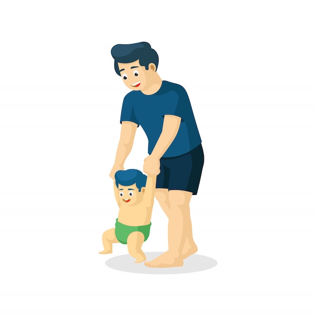 Download Vector cartoon father teaching his son to walk.ild by the hand. | Premium Vector