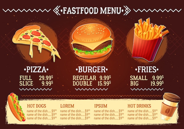 Vector cartoon illustration of a design fast food restaurant menu Free Vector