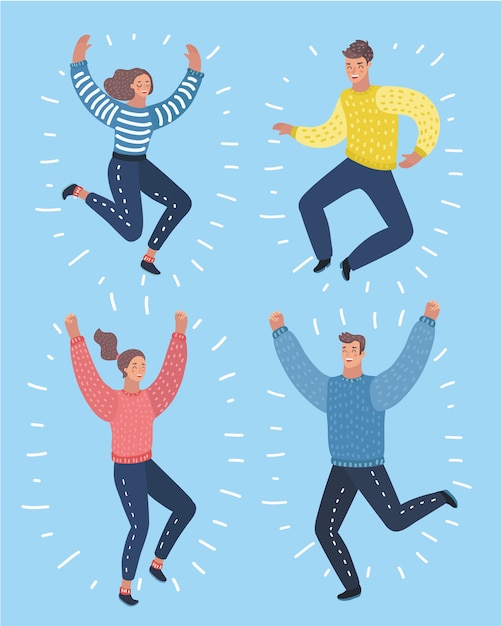 Premium Vector | Vector Cartoon Illustration Of Four Characters Jumping ...