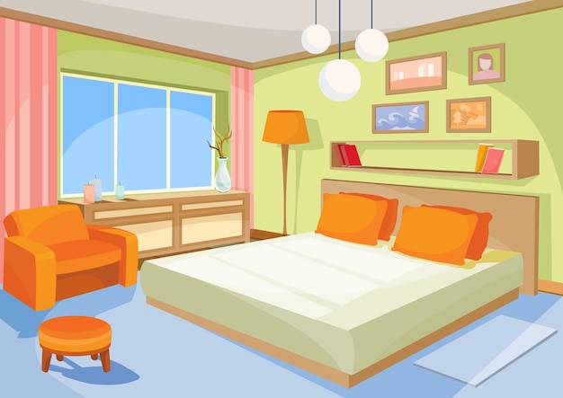 Vector Cartoon Illustration Interior Orange Blue Bedroom A