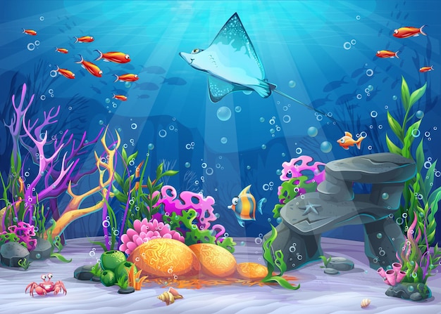 面白いキャラクターのけいれん 魚に囲まれたサンゴ サンゴ礁 岩 魚 カニ シェルとベクトル漫画イラスト海底世界 プレミアムベクター