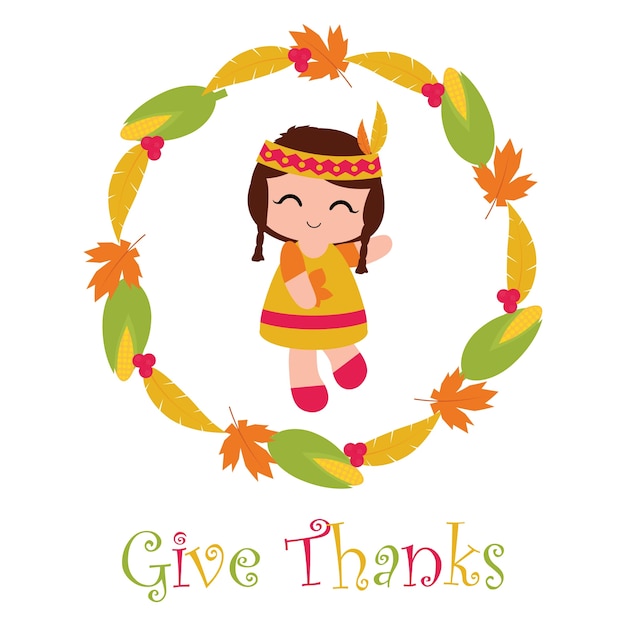 トウモロコシとカエデのかわいいインドの女の子とベクトル漫画のイラストは 幸せな感謝のカードデザイン 感謝のタグ および印刷可能な壁紙に適した葉を残す プレミアムベクター