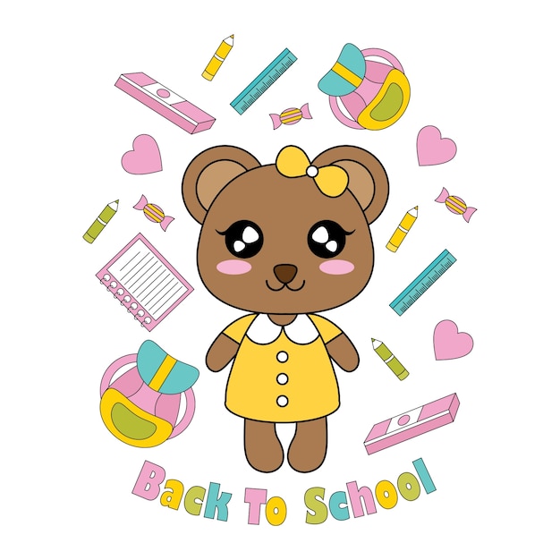 プレミアムベクター かわいい小さな熊の女の子と学校の項目に適した子供たちのtシャツのグラフィックデザイン 背景と壁紙に適したベクトルの漫画のイラスト