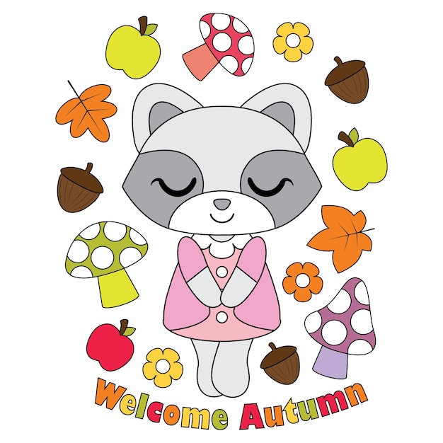 かわいいアライグマの女の子 リンゴ キノコ Mapple葉の子供のtシャツのグラフィックデザイン 背景や壁紙に適したベクトルの漫画のイラスト プレミアムベクター