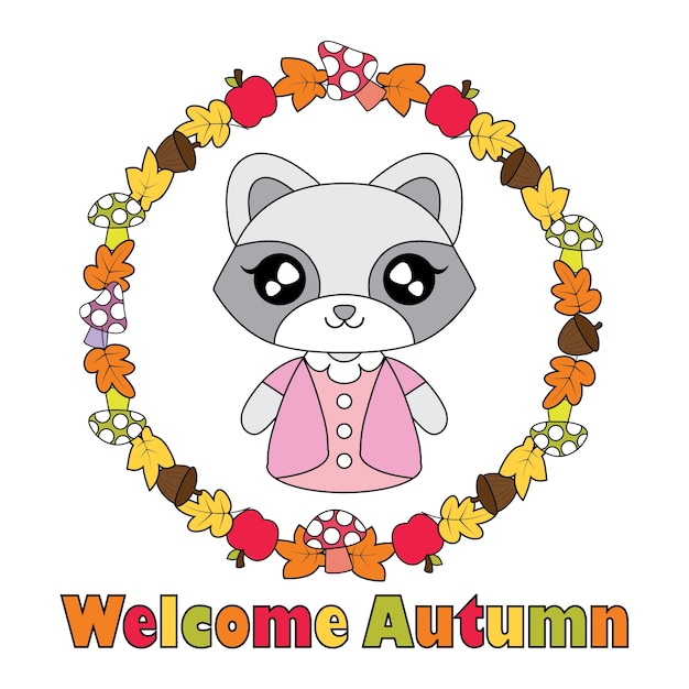 プレミアムベクター かわいいアライグマの女の子と秋のオブジェクトの花輪のベクトル漫画のイラスト秋の子供のtシャツのグラフィックデザイン 背景や壁紙 に適して