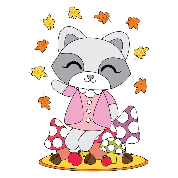 かわいいアライグマの女の子とベクトル漫画のイラストは 秋の子供のtシャツのグラフィックデザイン 背景と壁紙に適した葉の後ろにキノコの上に座って プレミアムベクター