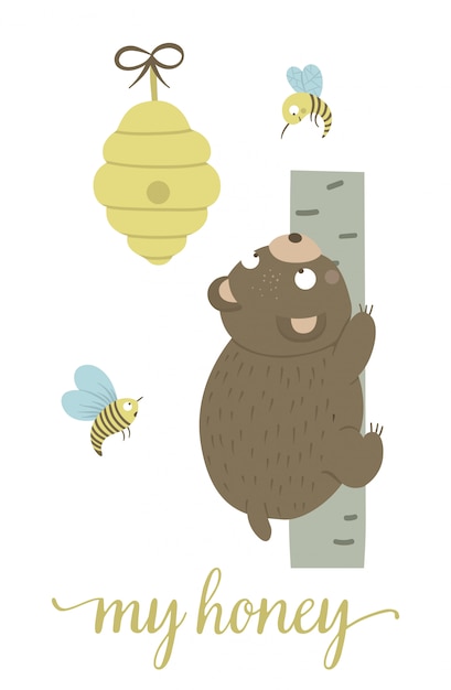 ベクトル漫画のスタイルの手描きの蜂に囲まれた蜂の巣の木に登ってフラットクマ 蜂蜜を手に入れたいテディとの面白いシーン 森の動物のかわいいイラスト プレミアムベクター