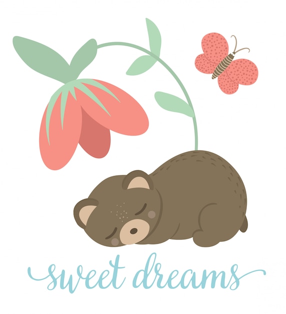 ベクトル漫画スタイルの手描き蝶と花の下で寝ているフラットのクマ テディと面白いシーン 印刷用の森の動物のかわいいイラスト プレミアムベクター