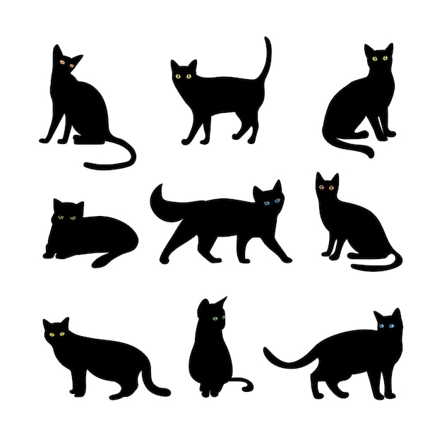 ベクトル猫セット 動物のペット 山猫と子猫 ハンターと捕食者 黒いシルエットのイラスト 無料のベクター