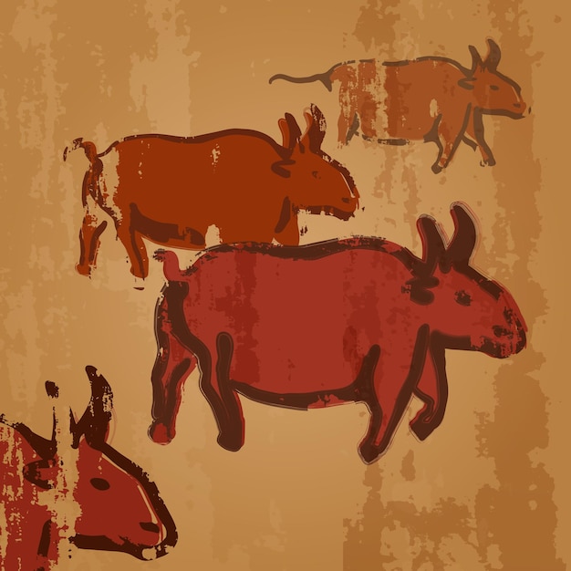 Premium Vector Vector Cave Drawing Illustration Herd Of Cows   Vector Cave Drawing Illustration Herd Cows Primitive Arts Red Clay Paintings 574806 11 