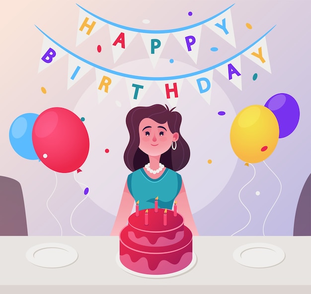 ベクトル文字イラスト幸せな女性は誕生日を祝います 若い女の子は お誕生日おめでとうのサインとお祝いのテーブル キャンドルケーキ 風船 紙吹雪 花輪に座っています 挨拶と休日の装飾 プレミアムベクター