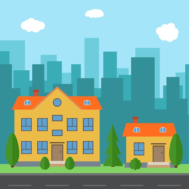 Premium Vector | Vector city with cartoon houses and buildings. city ...