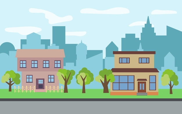 Premium Vector | Vector city with two two-story cartoon houses and ...