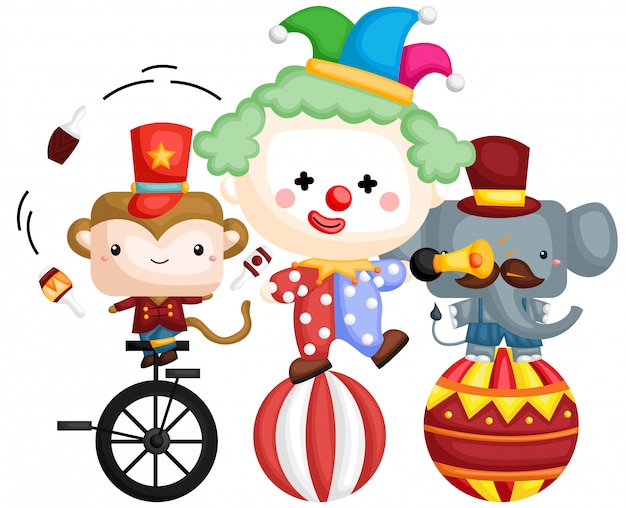 A vector of a clown on top of a ball with animals beside it Premium Vector
