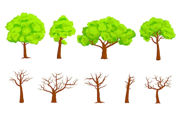 Vector collection of green trees and flat bare trees | Premium Vector