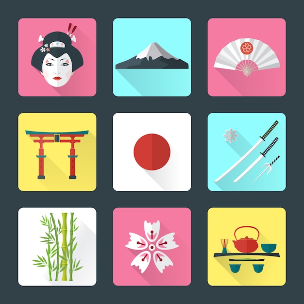 Vector color flat style japanese national theme icons with shadow set Premium Vector