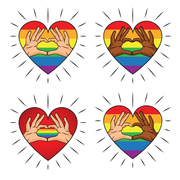 プレミアムベクター 虹色のハート形の手のベクトルカラーイラスト カラープリントさまざまな肌の色の指からの愛のサイン Lgbt コミュニティのロゴのセット