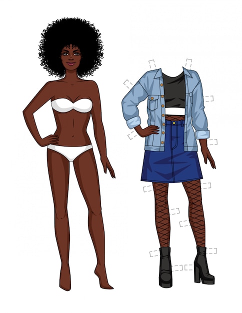 下着姿のアフリカ系アメリカ人の女の子のベクトルカラーイラストが前に立っています 90年代のファッションスタイルの浅黒い肌の女の子の紙人形 女性の服のセット プレミアムベクター