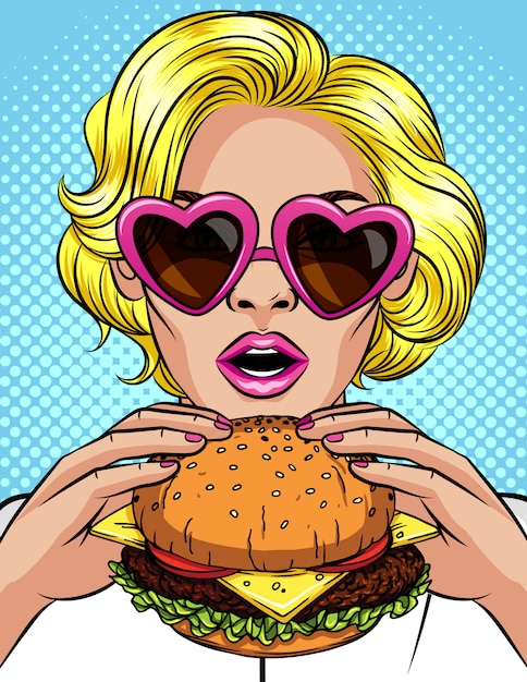 Vector color pop art comic style illustration of a girl eating a cheeseburger. beautiful business woman holding a big hamburger. successful young lady with open mouth bites a huge burger Premium Vector