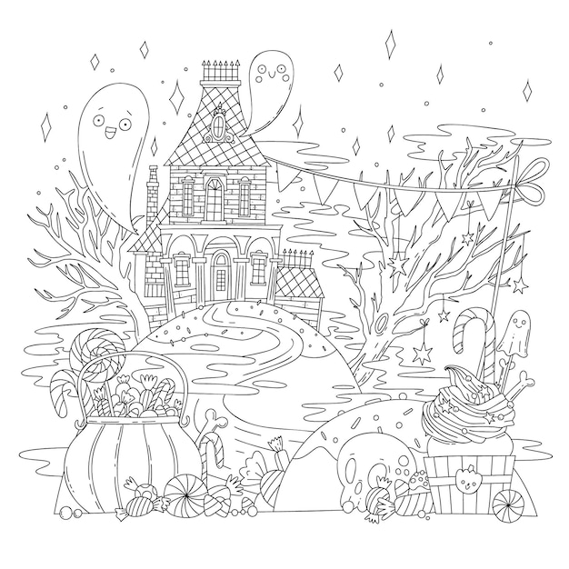 ハロウィーンの風景 古い家 幽霊 スケルトン カボチャ お菓子のベクトル着色イラスト プレミアムベクター